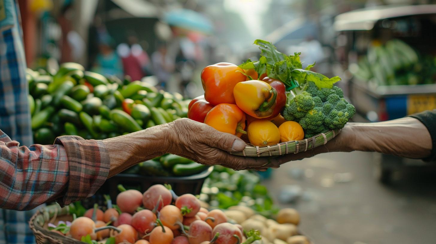 Elderly hands exchanging fresh vegetables at a bustling farmers market with vibrant produce in the background.
