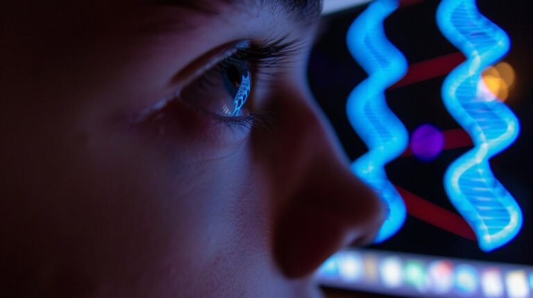 Close-up of a person's eye looking at a screen displaying blue DNA helix patterns.