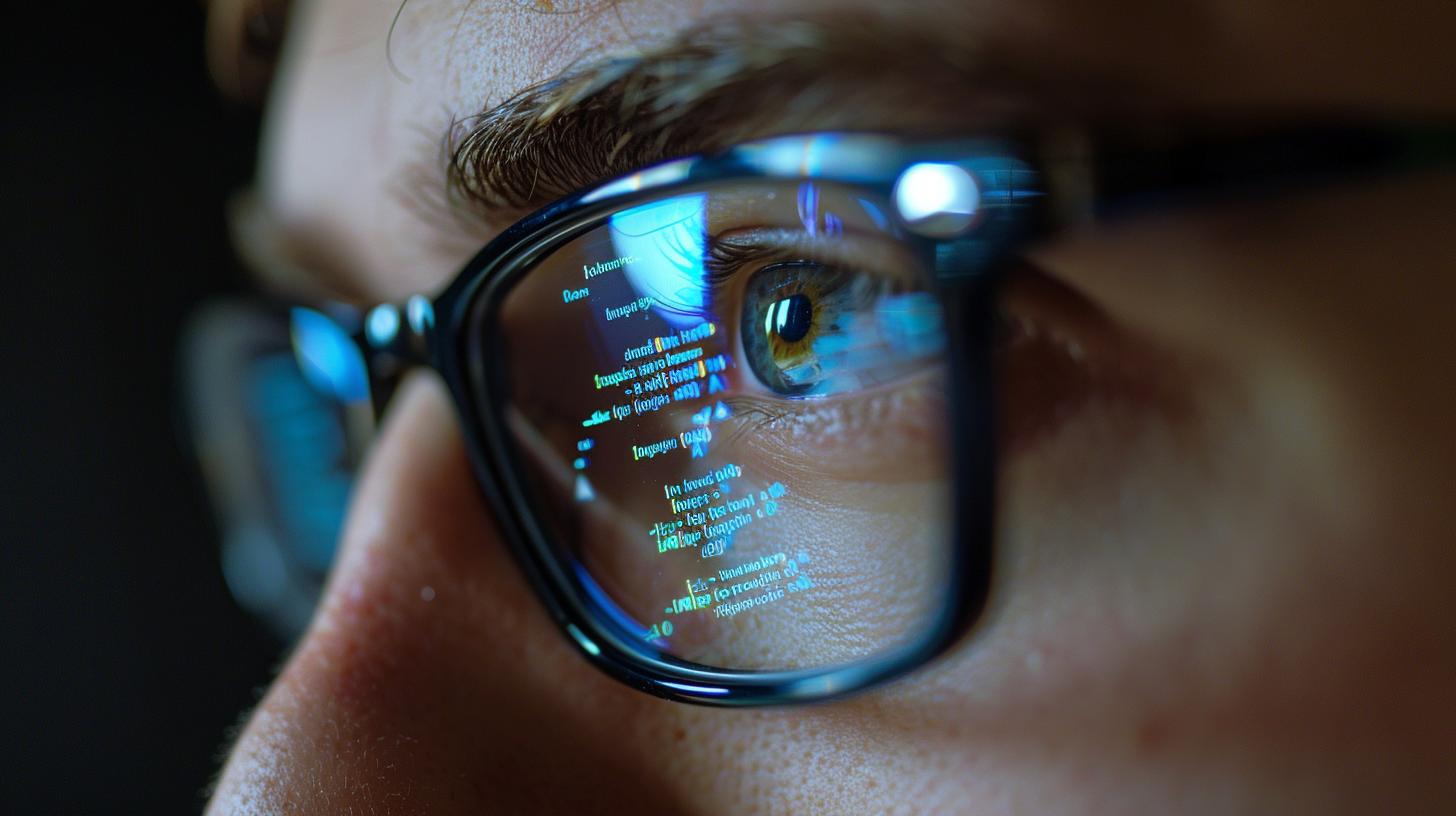 Close-up of a person wearing glasses with computer code reflecting on the lenses indicating focus and concentration on technology.