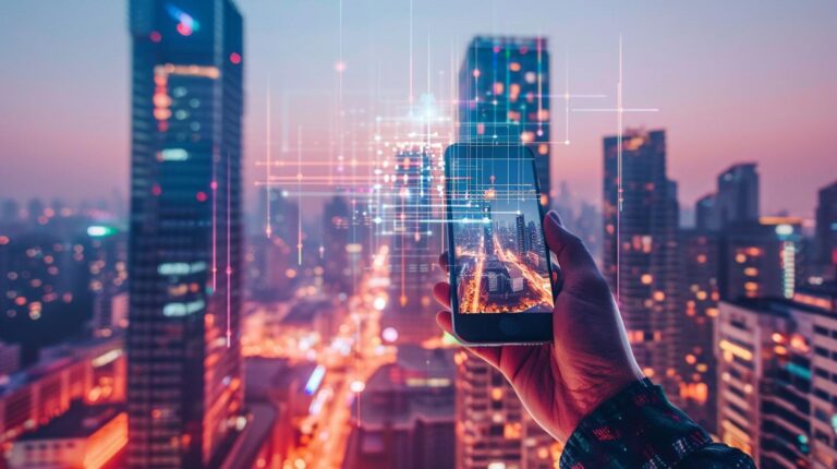 A person holds a smartphone in front of a city skyline at dusk capturing the illuminated skyscrapers with digital overlay effects displaying a futuristic technological theme.