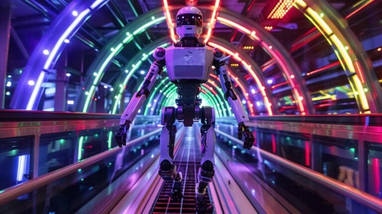 Futuristic robot walking in a neon lit tunnel with vibrant colors and modern design