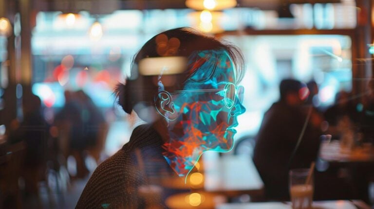A digital art concept showing the profile of a woman wearing glasses in a cafe with a futuristic overlay highlighting technology themes and people blurred in the background.