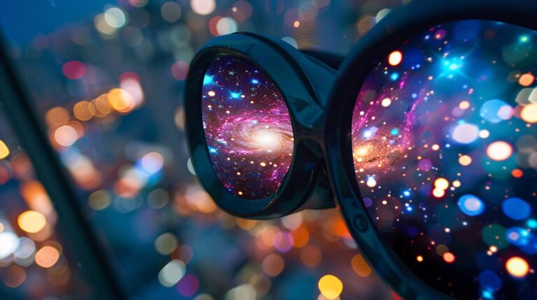 Goggles reflecting a galaxy against a colorful abstract background bokeh lights creative concept of imagination and exploration