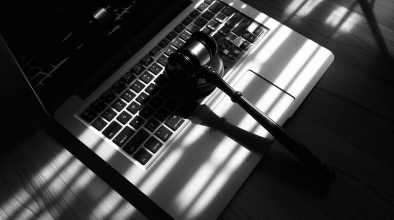 Gavel placed on laptop keyboard representing digital law and online legal issues.