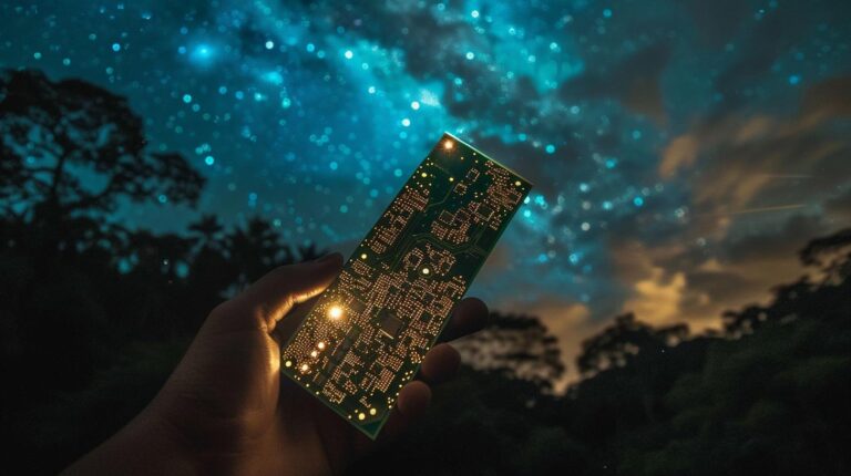 Hand holding an illuminated circuit board against a starry night sky.