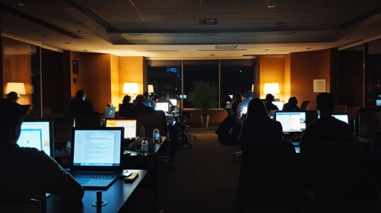 Office workers on computers in a dimly lit room during late hours.