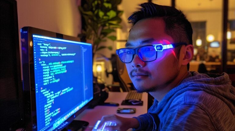 Man working on computer with glowing glasses in a tech office at night coding on screen