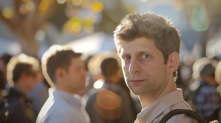 Man in a crowd with sunlight filtering through trees in the background.