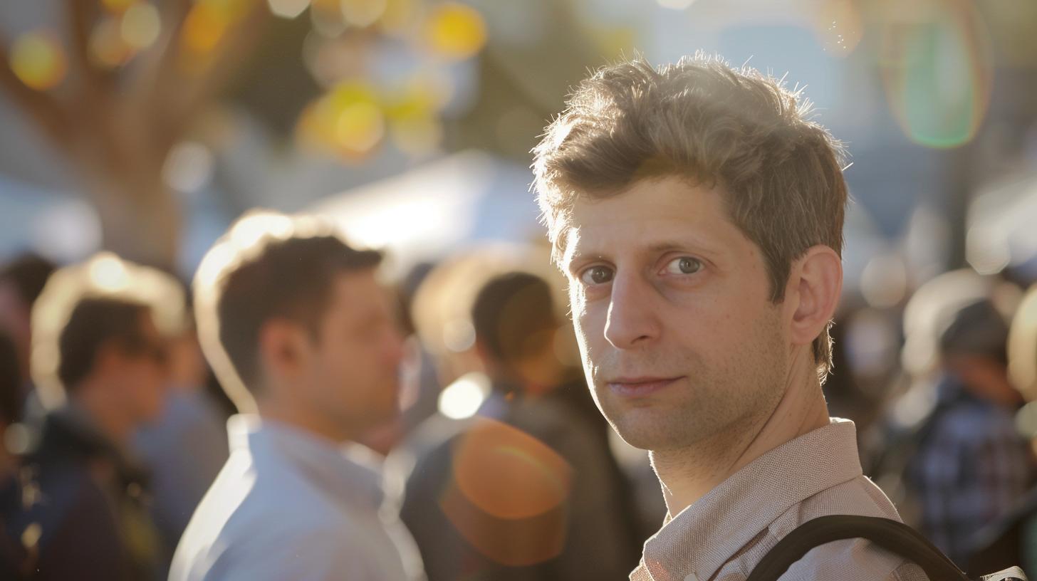 Man in a crowd with sunlight filtering through trees in the background.