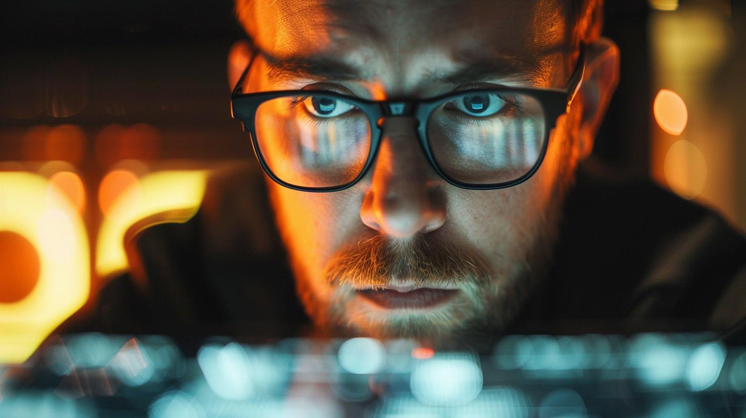 Man wearing glasses intensely focused on a bright computer screen in a dimly lit room.