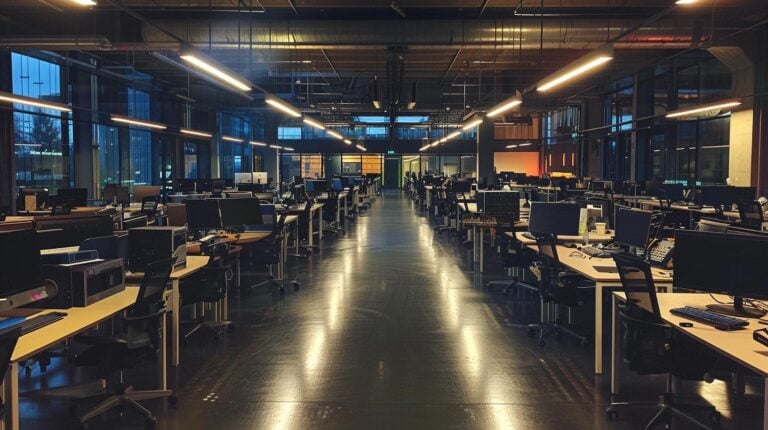Modern office space with multiple workstations and computers arranged along rows under bright lighting in a spacious room