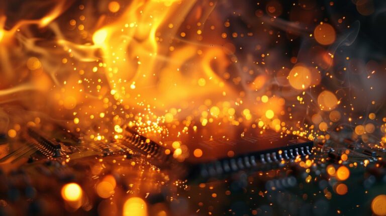 Computer circuit board overheating with intense fire and sparks.