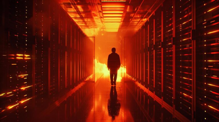 Person walking through a dark server room with glowing orange lights and data center equipment on both sides