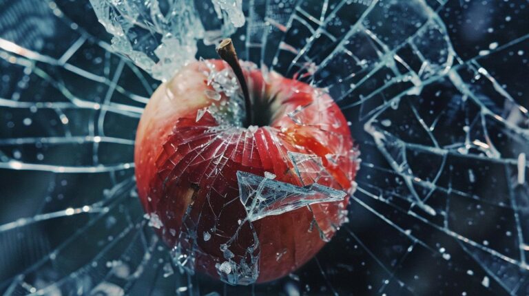Red apple breaking through shattered glass background abstract concept image.