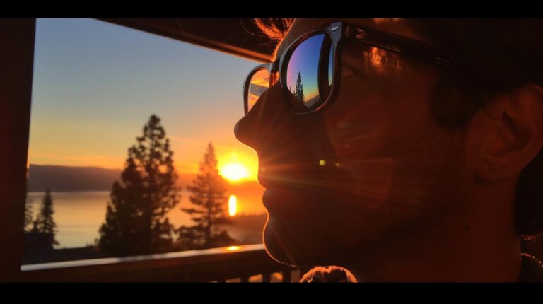 Side profile of a person wearing reflective sunglasses watching a sunset over a lake with silhouetted trees in the foreground.