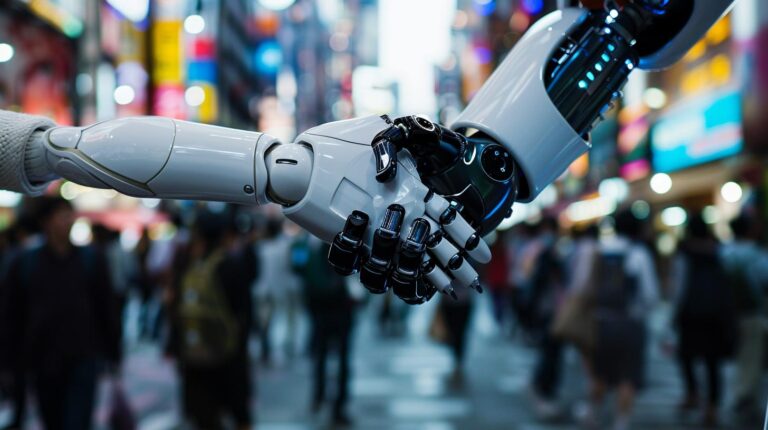 Robot shaking hands with a human in a busy city street symbolizing technology partnership and innovation in robotics and artificial intelligence