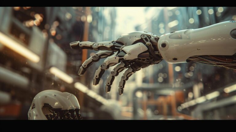 Robotic arm reaching towards a robotic head in a futuristic setting showcasing advanced technology and artificial intelligence.