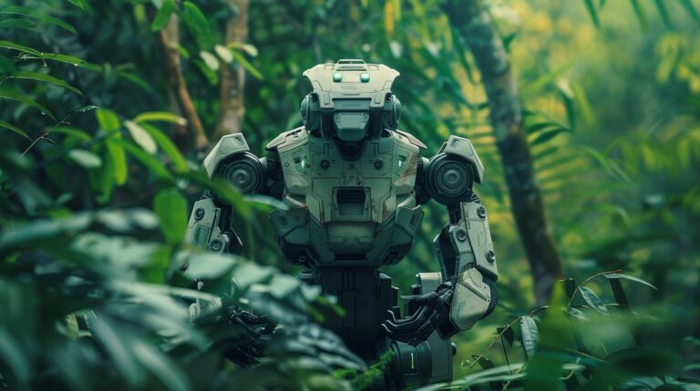 Robotic figure standing in dense green jungle environment futuristic technology imagery science fiction theme