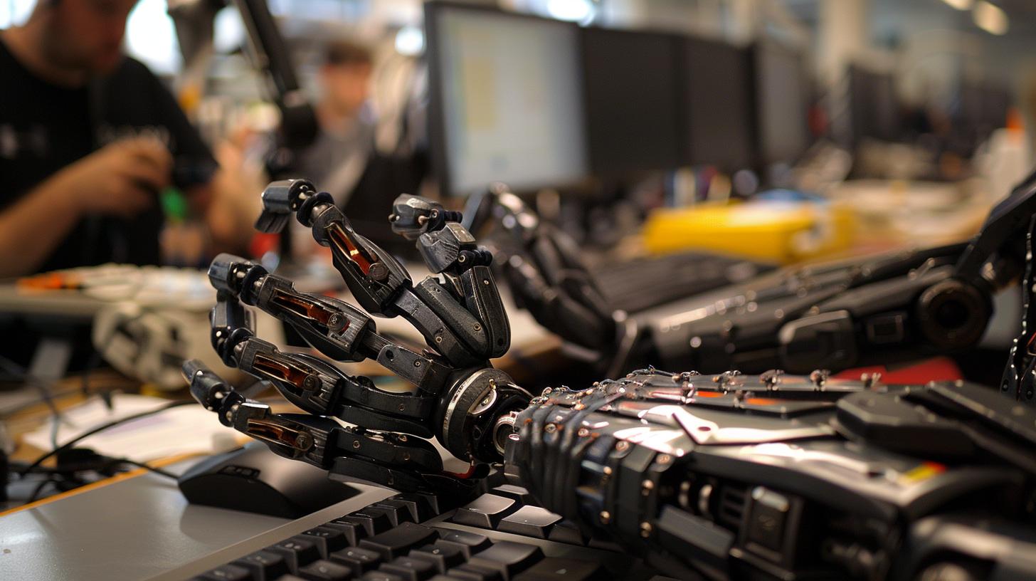 Robotic hand typing on a computer keyboard in an office setting with blurred background.