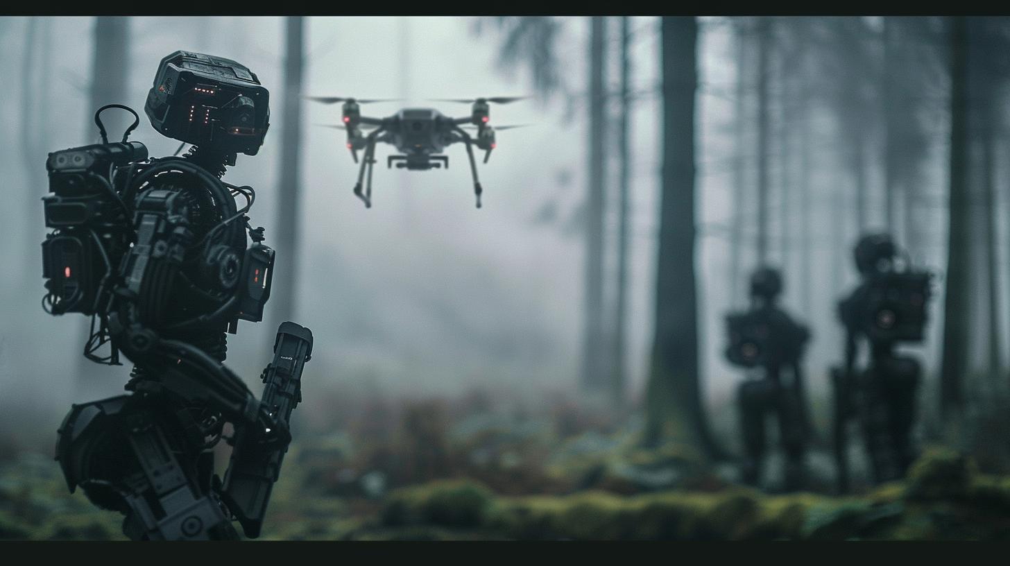 Robots and drone in foggy forest technology and nature interaction scene