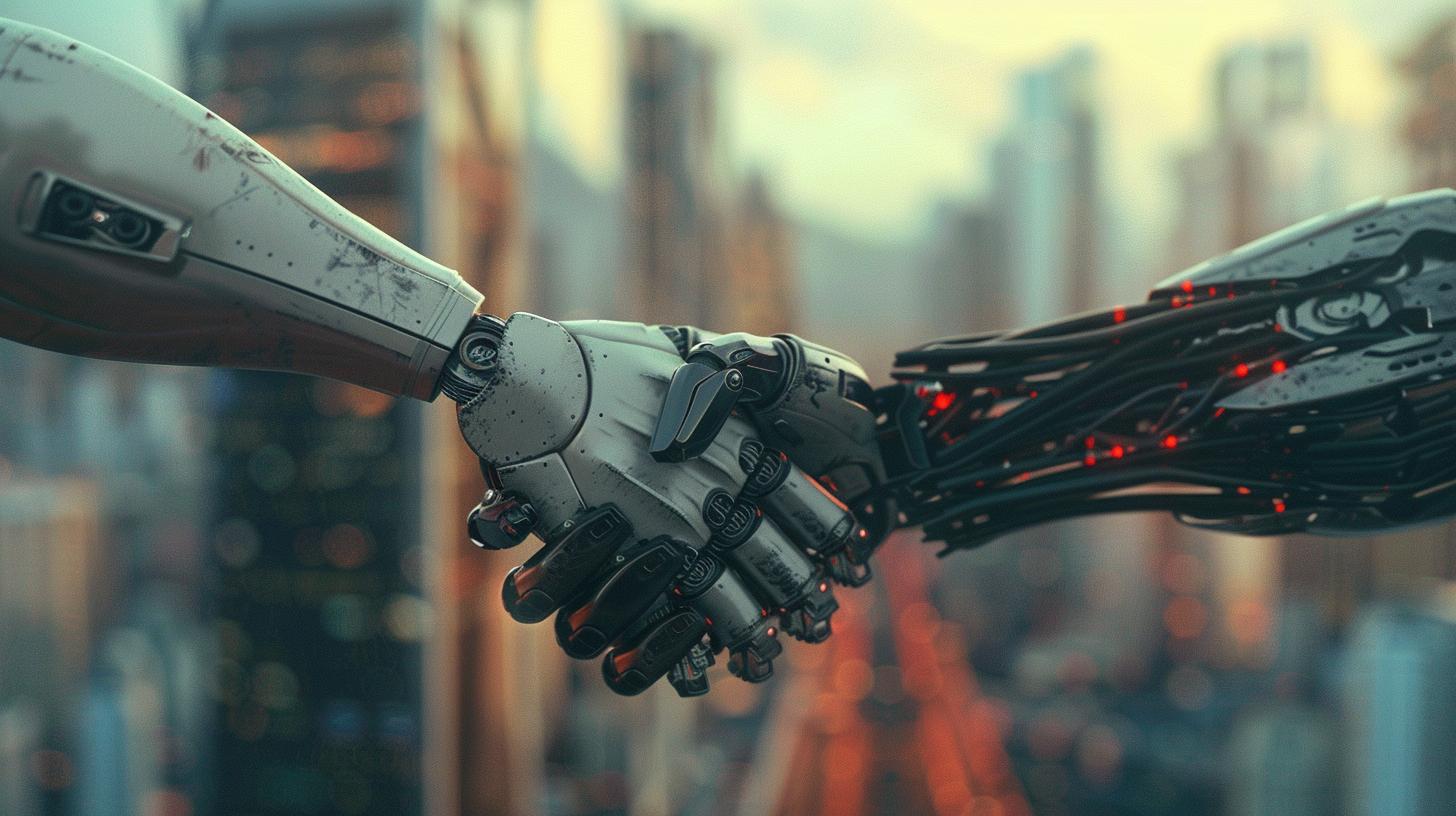 Robots shaking hands symbolizing technology and collaboration in an urban skyline background