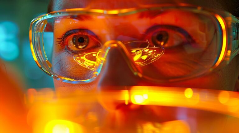 Close-up of a person wearing protective goggles with colorful lighting and reflections, focused on safety and innovation.