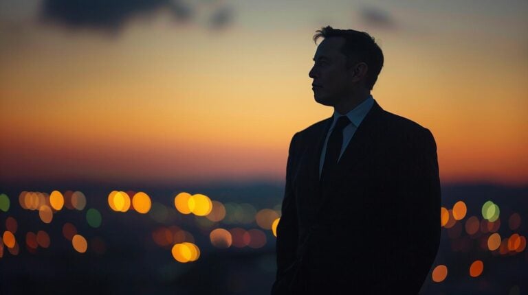 Silhouette of a man in a suit against a city skyline at sunset with bokeh lights in the background