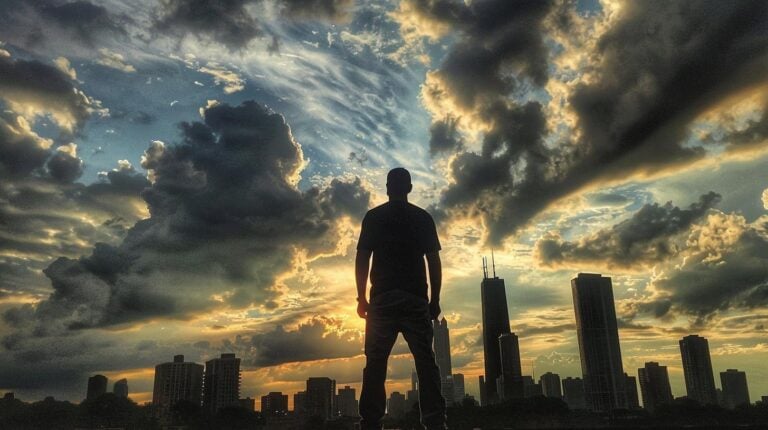 Silhouette of a person standing in front of a city skyline during a dramatic sunset with clouds filling the sky.