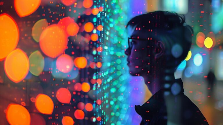 Silhouette of a person looking at a digital screen with vibrant colorful bokeh lights and abstract reflections in the background.