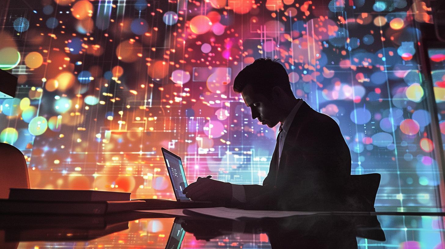 Silhouette of a person working on a laptop with a colorful digital data visualization background in an office setting.