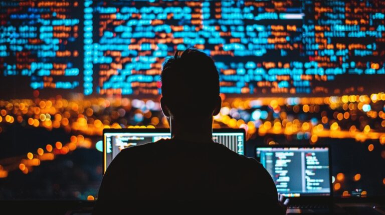 Silhouette of a person working on multiple computer screens with digital code in the background.