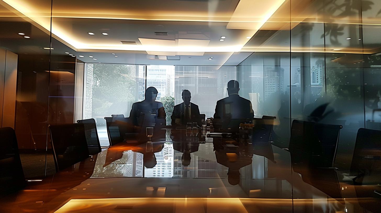 Silhouettes of three people in a modern glass-walled conference room with a reflection of a city skyline in the background
