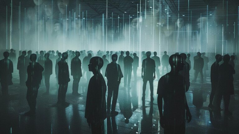 Silhouettes of people stand in a misty digital environment with streams of data light.