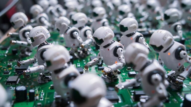 Small robots working on a green circuit board assembly line