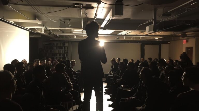 Silhouette of a speaker addressing an audience in a dimly lit room with bookshelves in the background during a presentation or event.
