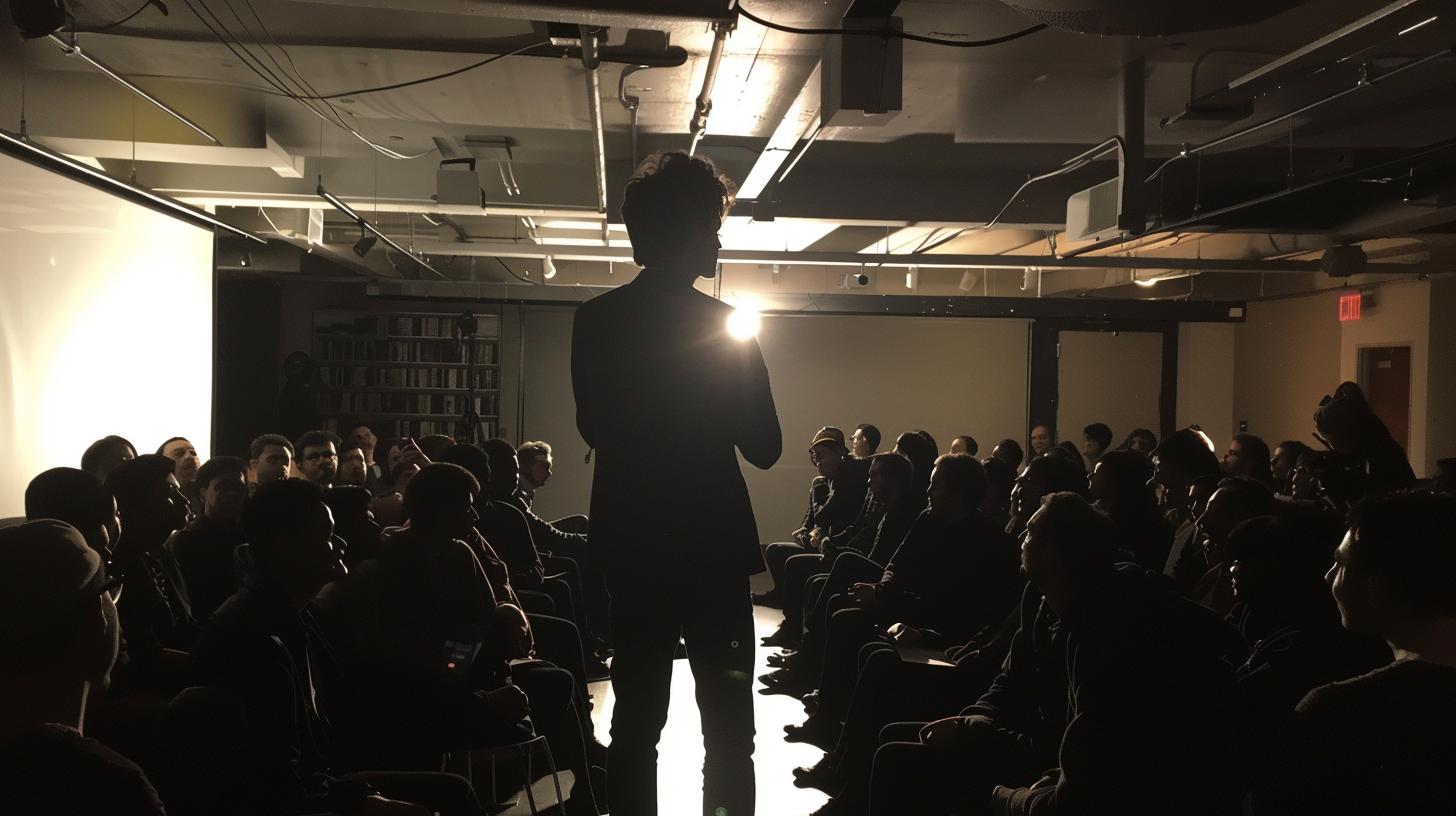 Silhouette of a speaker addressing an audience in a dimly lit room with bookshelves in the background during a presentation or event.