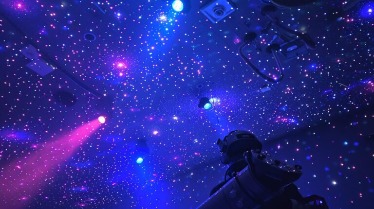 Starry night sky simulation in a planetarium with colorful lights and projector equipment