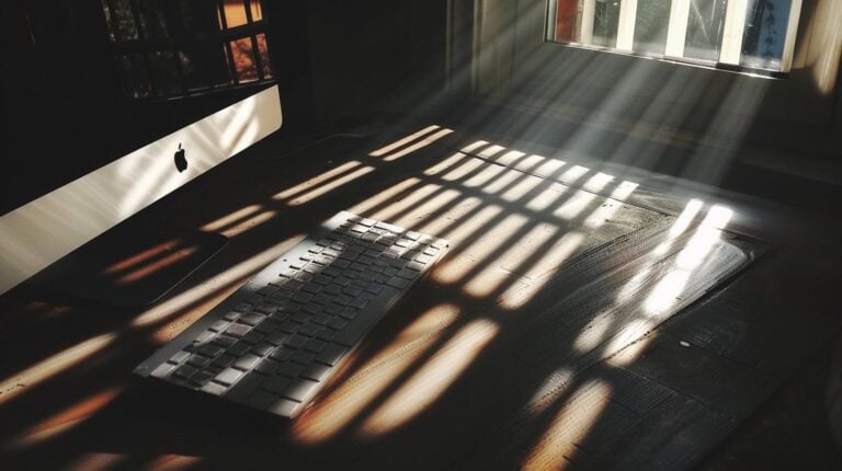 Sunlight streaming through a window casting shadows on a wooden desk with a computer monitor and keyboard