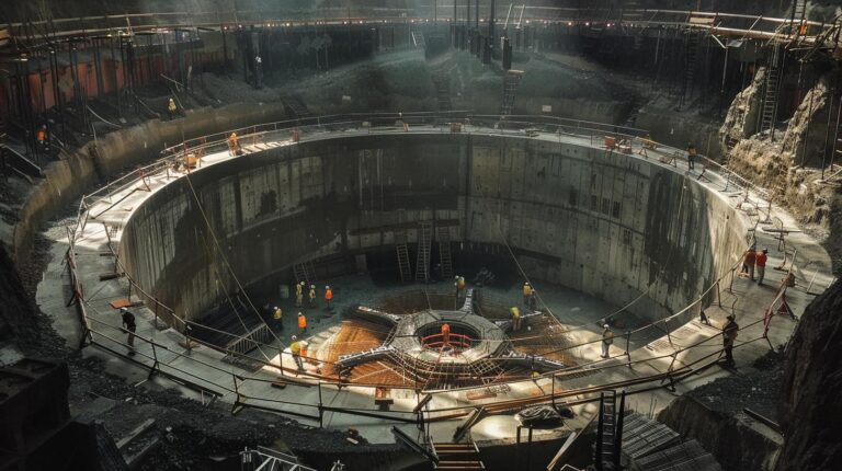 Construction workers in a large circular underground excavation site with scaffolding.