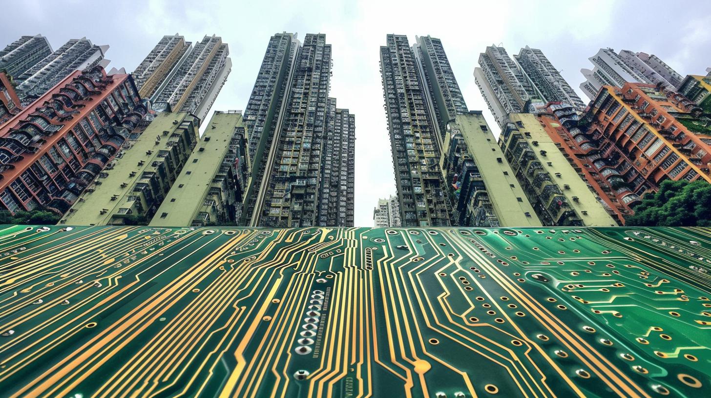 High-rise buildings above a circuit board design representing urban technology integration and digital cities concept.