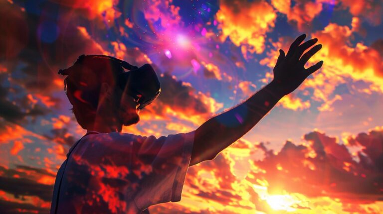 Person wearing a virtual reality headset reaching towards vibrant sunset sky immersive experience technology concept