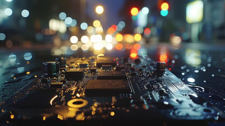 Close-up of a wet circuit board with blurred city lights in the background at night.