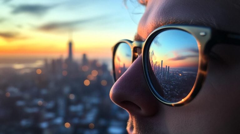 Close-up of person wearing sunglasses reflecting a city skyline and sunset.