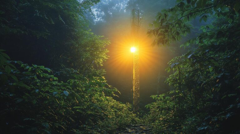 A glowing light tower illuminating a dense forest path at dawn with lush greenery surrounding the scene.