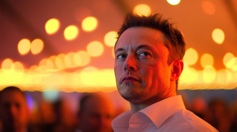 A man in a white shirt with blurred orange lights in the background.