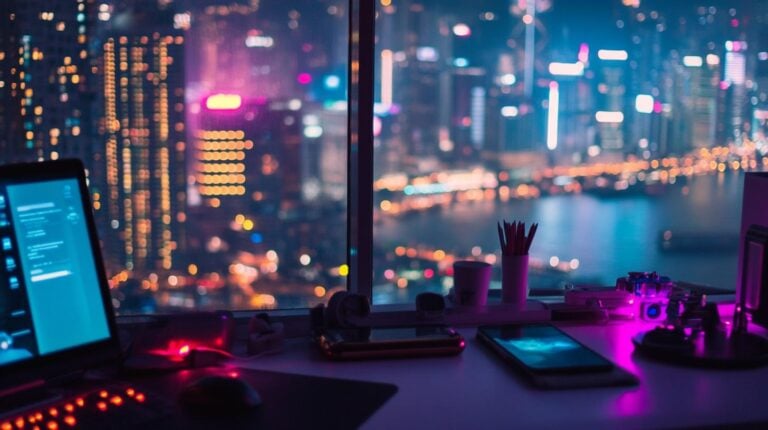Modern workspace with dim pink and blue lighting overlooking a vibrant city skyline at night, featuring a computer and tech gadgets.