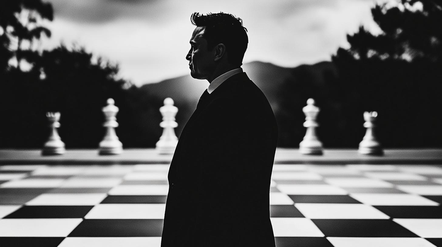 Silhouette of a man in a suit standing on a large outdoor chessboard with oversized chess pieces in black and white.