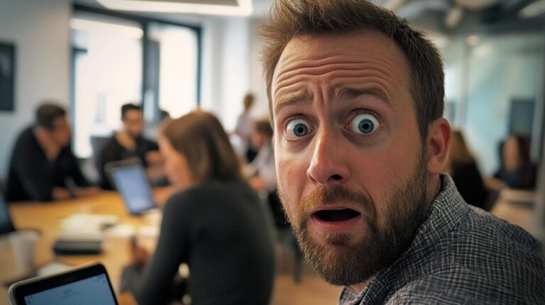 Man with surprised expression in a busy office meeting room.