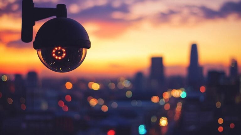 Surveillance camera overlooking city at sunset with blurred city lights in the background.